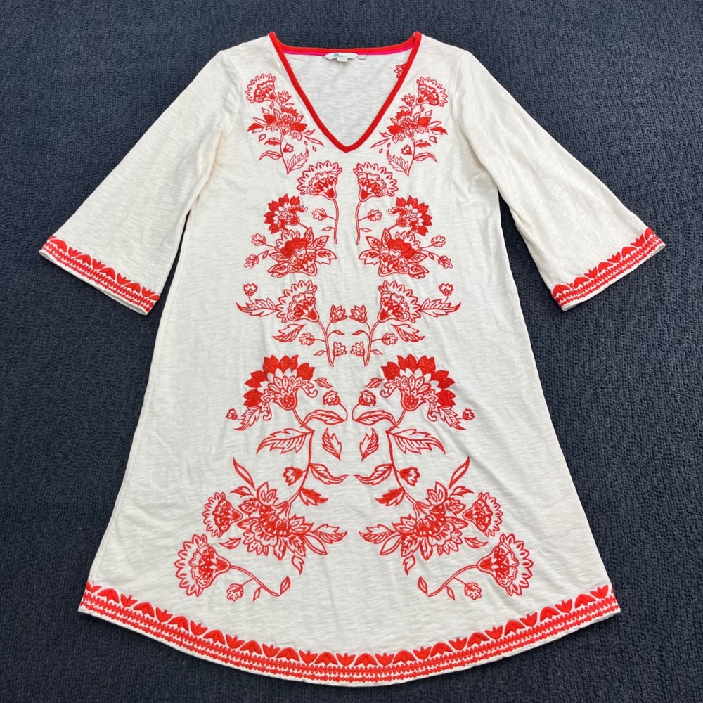 Boden Clemmie White Orange Embroidered Cotton V-Neck Shift Jersey Dress US 6R